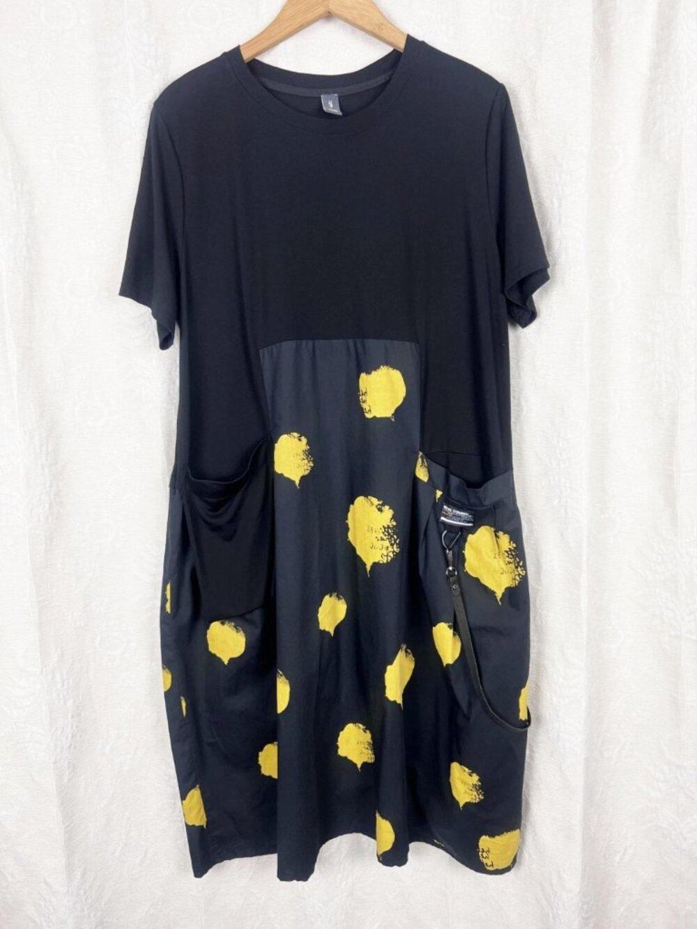 Simply Vanite black jersey yellow dot oversized midi dress lagenlook stretch OS